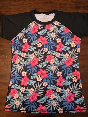LRD Women's Short Sleeve Rash Guard Swim Shirt UPF 50 Black Tropical Floral XL